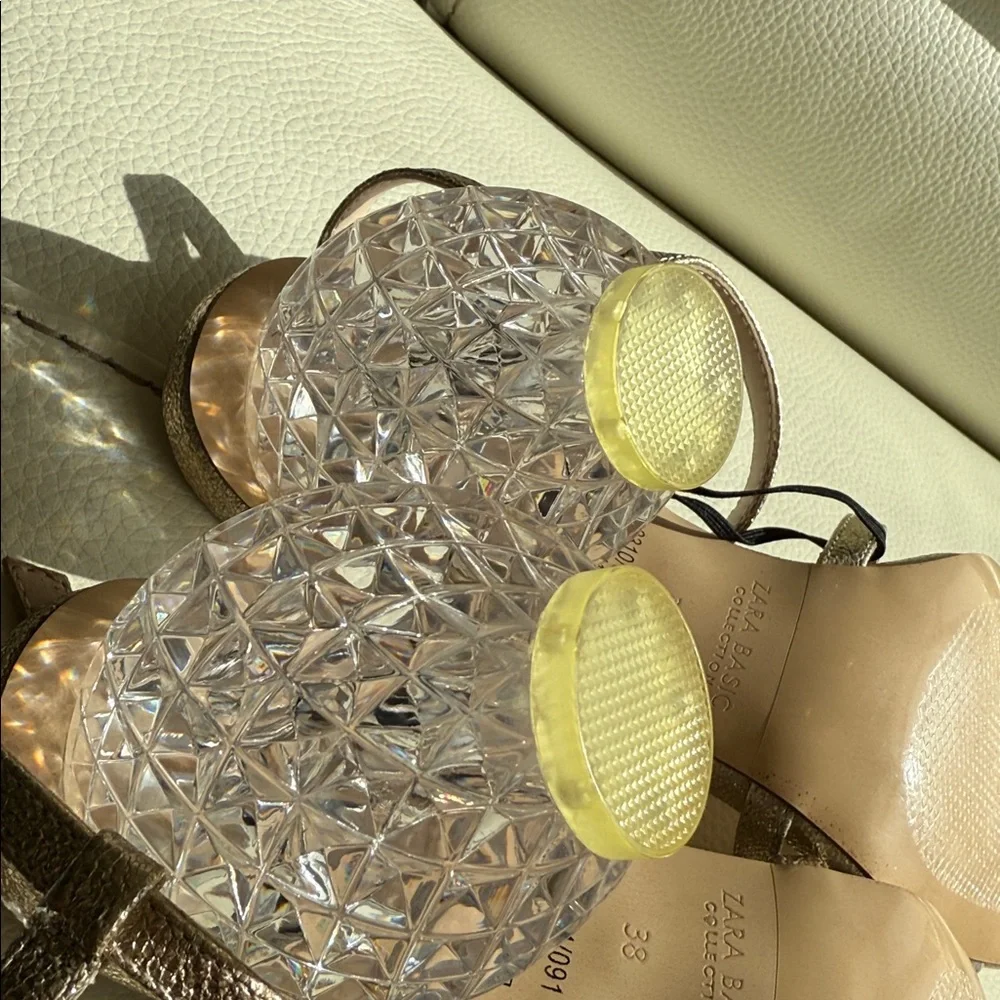 Zara‎ Gold Strappy Heels With Crystal Block